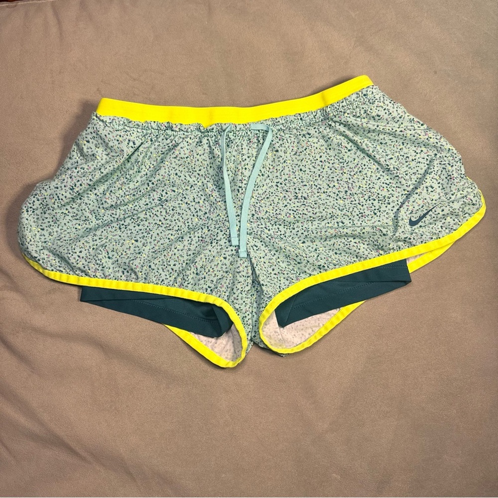 Nike Dri-Fit Full Flex 2-in-1 Running Shorts Women’sM Blue-Green SplatterPattern